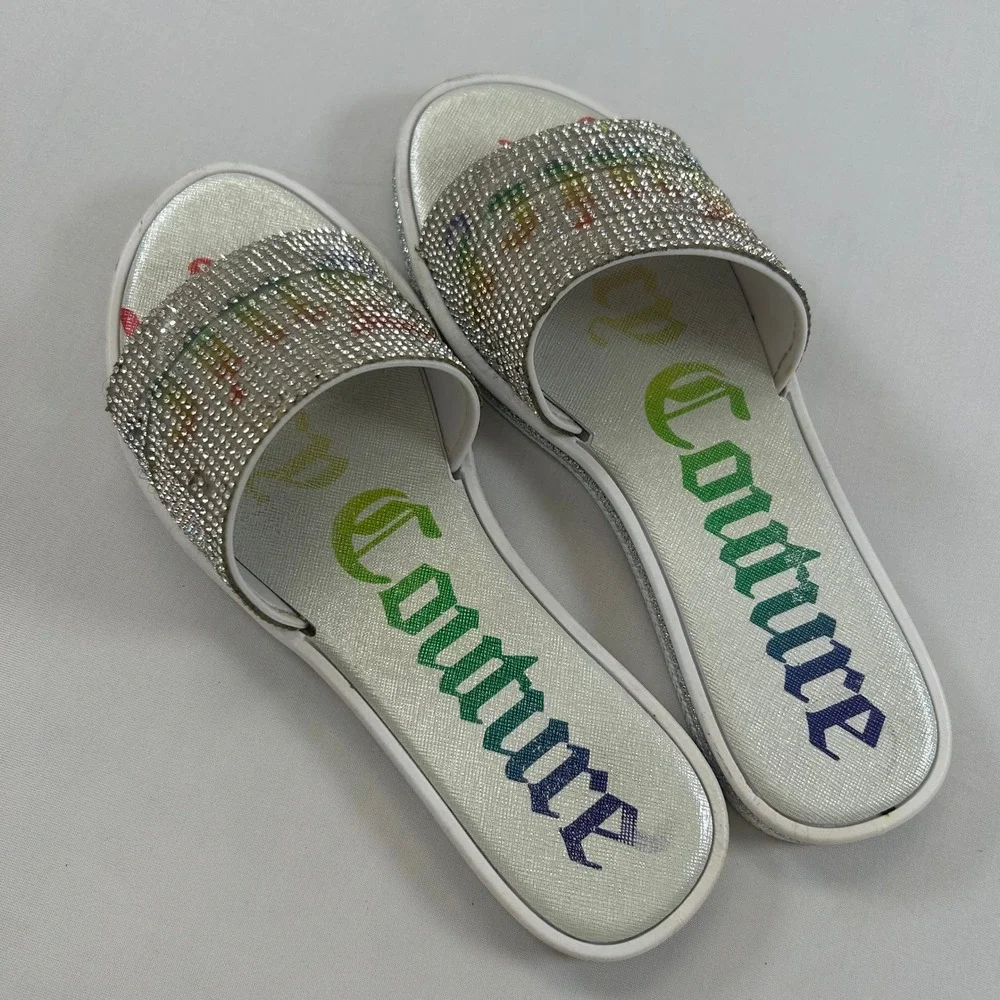 Juicy Couture Sandals Yonder Bling Slides Womens 7 White Rainbow Rhinestone Y2K